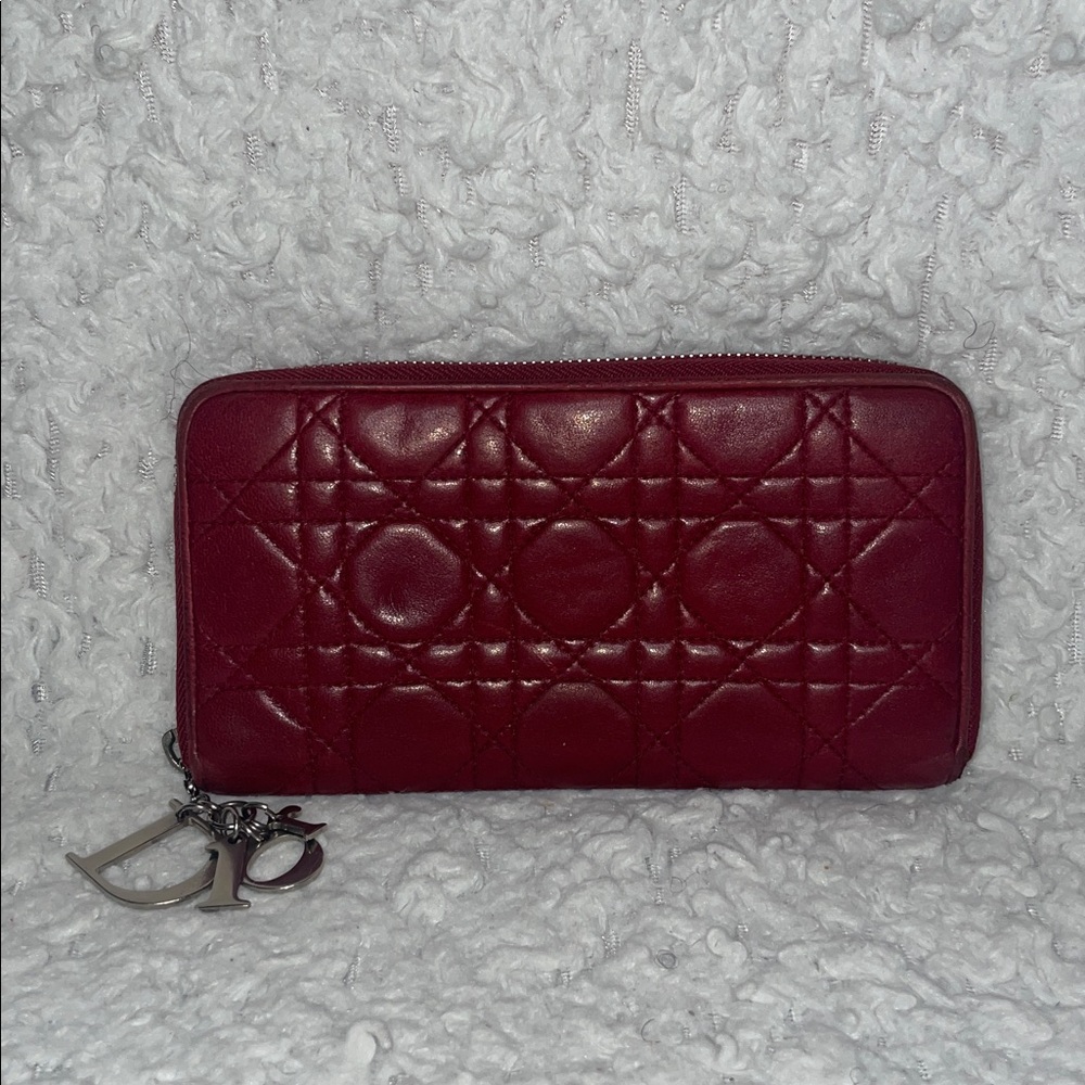 Christian Dior Voyageur Cannage Quilted Lady Dior Leather Zip Long Wallet in Red